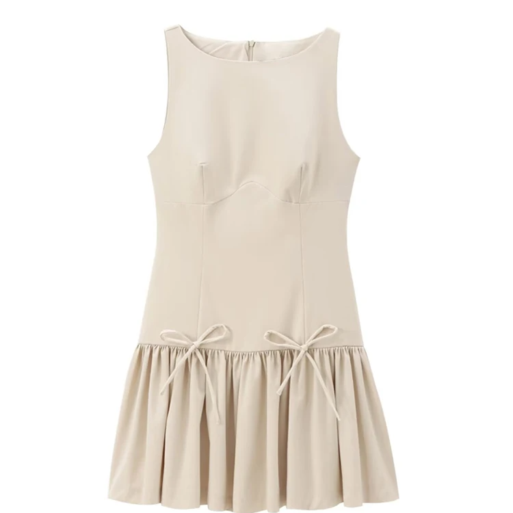 Chic Ruffled Mini Dress with Bows – Sleeveless O-Neck Casual A-Line Dress for Women