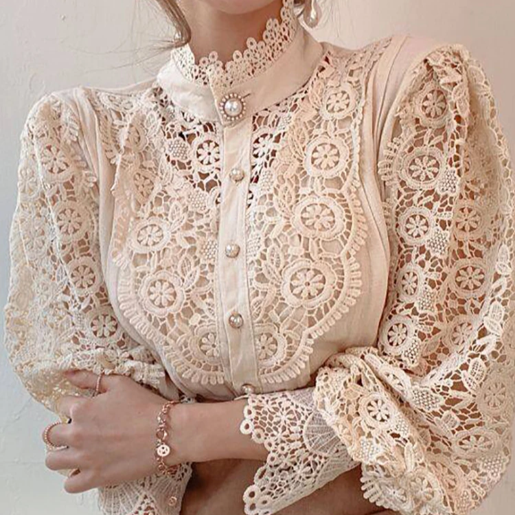 Chic White Chiffon Turtleneck Blouse – Elegant Lace Hollow Long Sleeve Oversized Top for Women