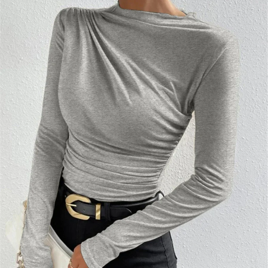 Women's Slim Fit Pleated Long Sleeve T-Shirt – Solid Color Base Layer for Autumn and Winter