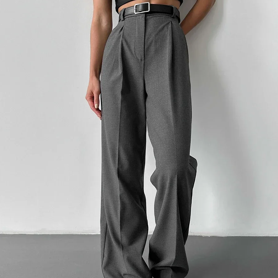 Women's High Waist Wide Leg Office Trousers – Pleated Full-Length Pants with Pockets for Work and Casual Wear