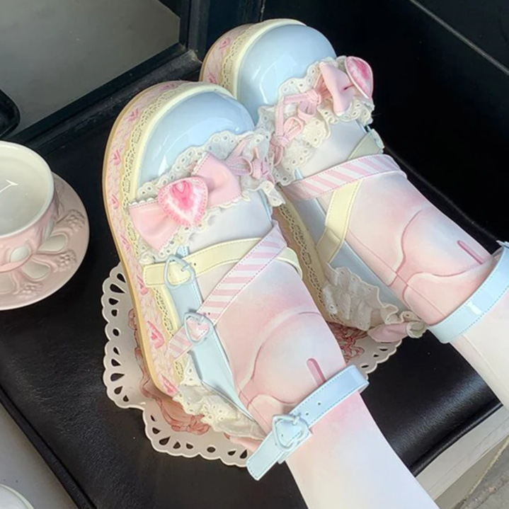 Sweet Lolita Platform Mary Jane Shoes – Strawberry Bow Lace Flats for Girls and Students