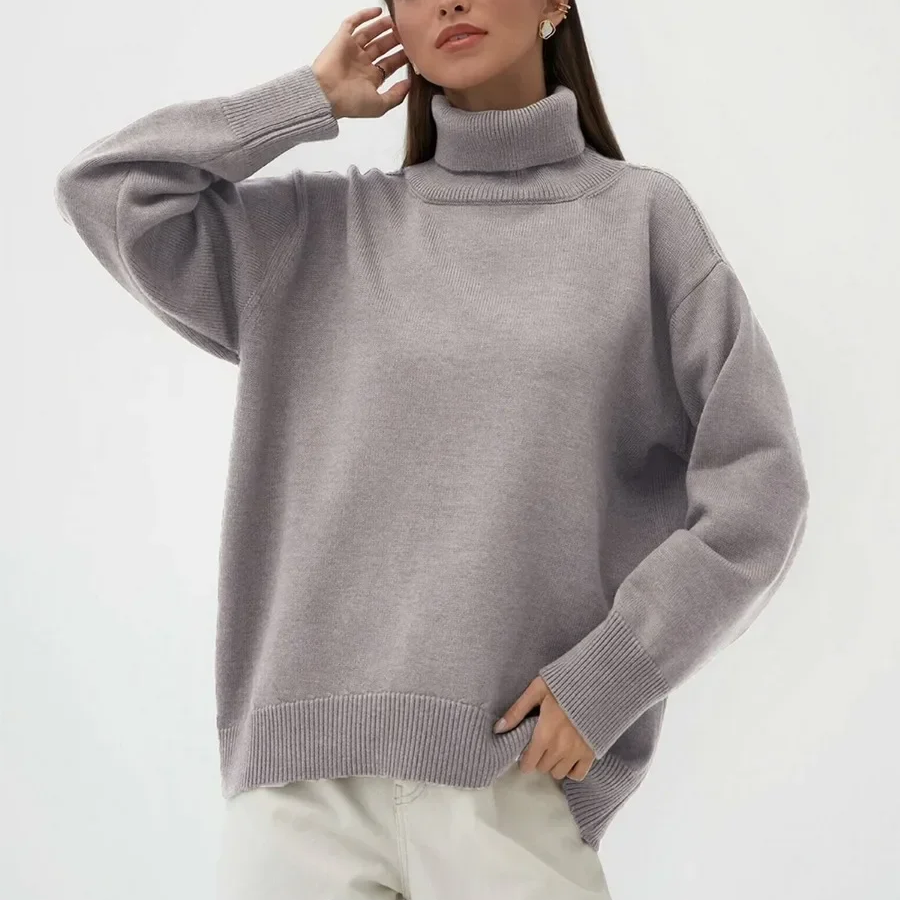 Women's Oversized Turtleneck Sweater – Thick Knit Casual Pullover for Autumn Winter