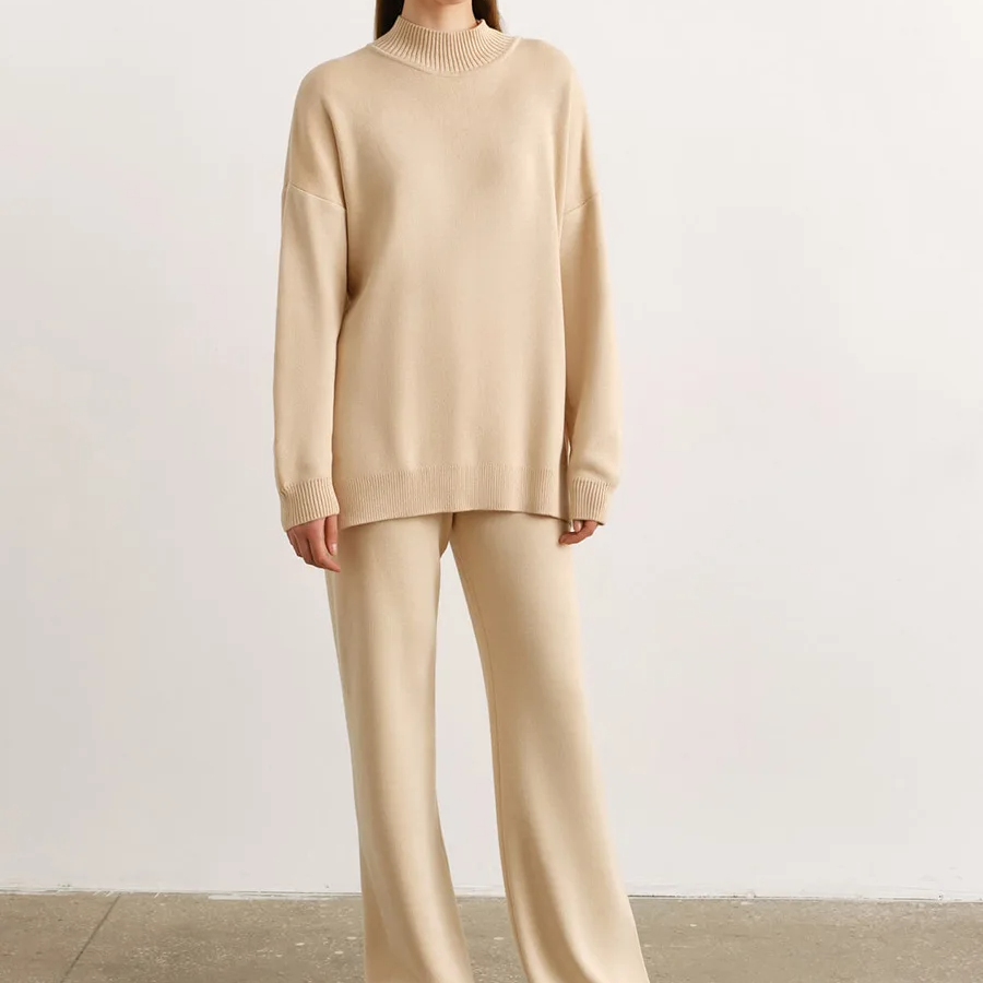 Women's Winter 2-Piece Knit Set – Soft Half Turtleneck Sweater and Wide Leg Pants Outfit for Cold Weather Comfort