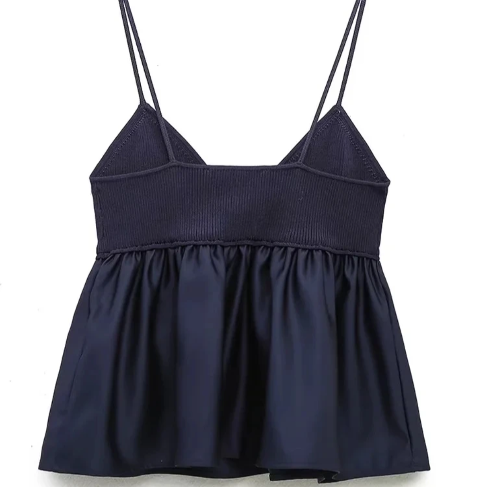 V-Neck Slim Fit Sleeveless Blouse – Knitted Patchwork Hem with Pleated Smock Detail