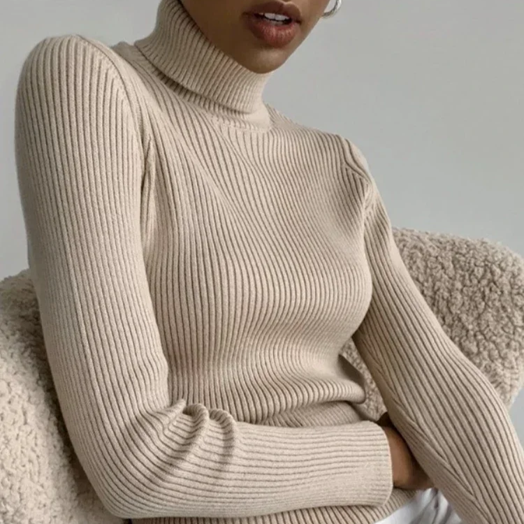 Slim Fit Turtleneck Pullover Sweater for Women – Soft Warm Knit Jumper for Autumn and Winter