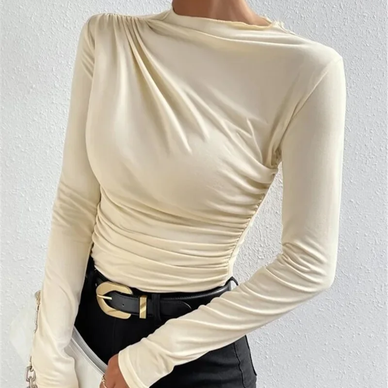 Women's Slim Fit Pleated Long Sleeve T-Shirt – Solid Color Base Layer for Autumn and Winter