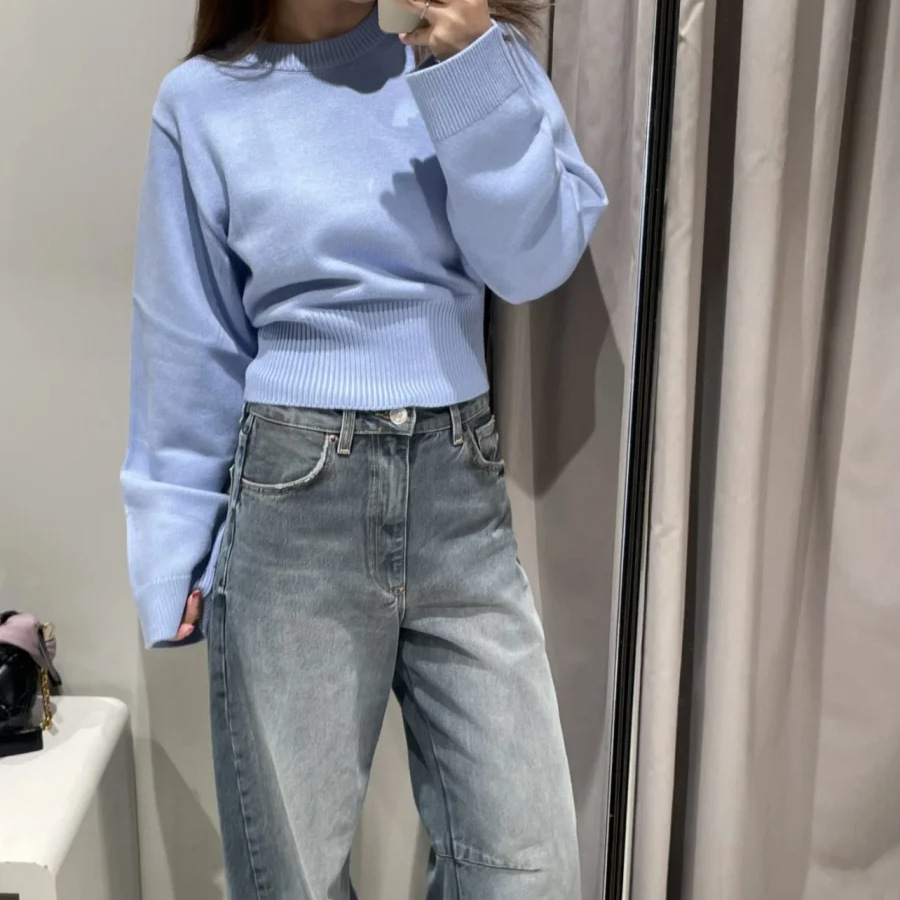 Women’s Ultra-Wide Ribbed Hem Knit Cardigan – Casual Round Neck Sweater with Loose Sleeves