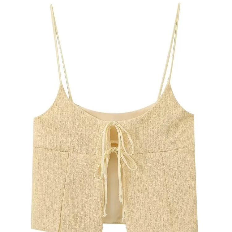 Women's Lace-Up Smock Crop Blouse – Sleeveless Pleated O-Neck Sling Top