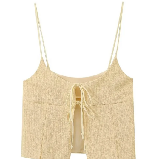 Women's Lace-Up Smock Crop Blouse – Sleeveless Pleated O-Neck Sling Top