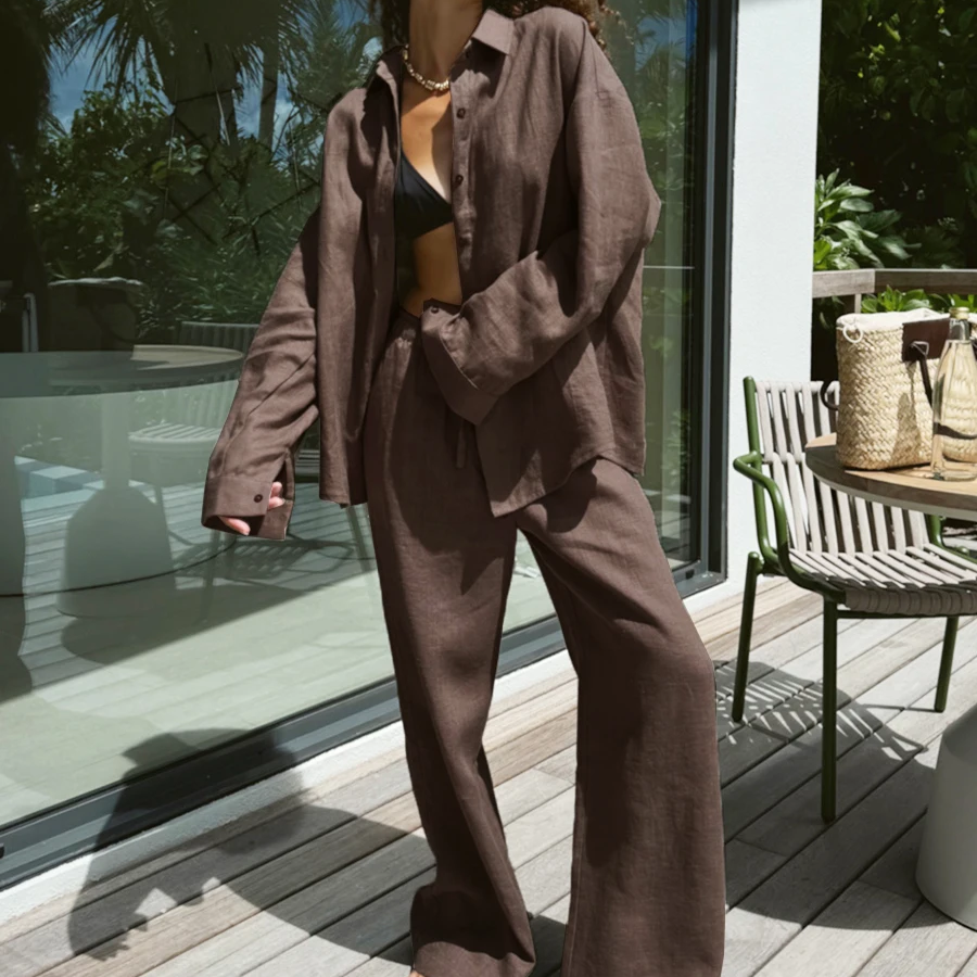 Solid Cotton Two-Piece Lounge Set for Women – Lapel Shirt and High Waist Wide Leg Pants