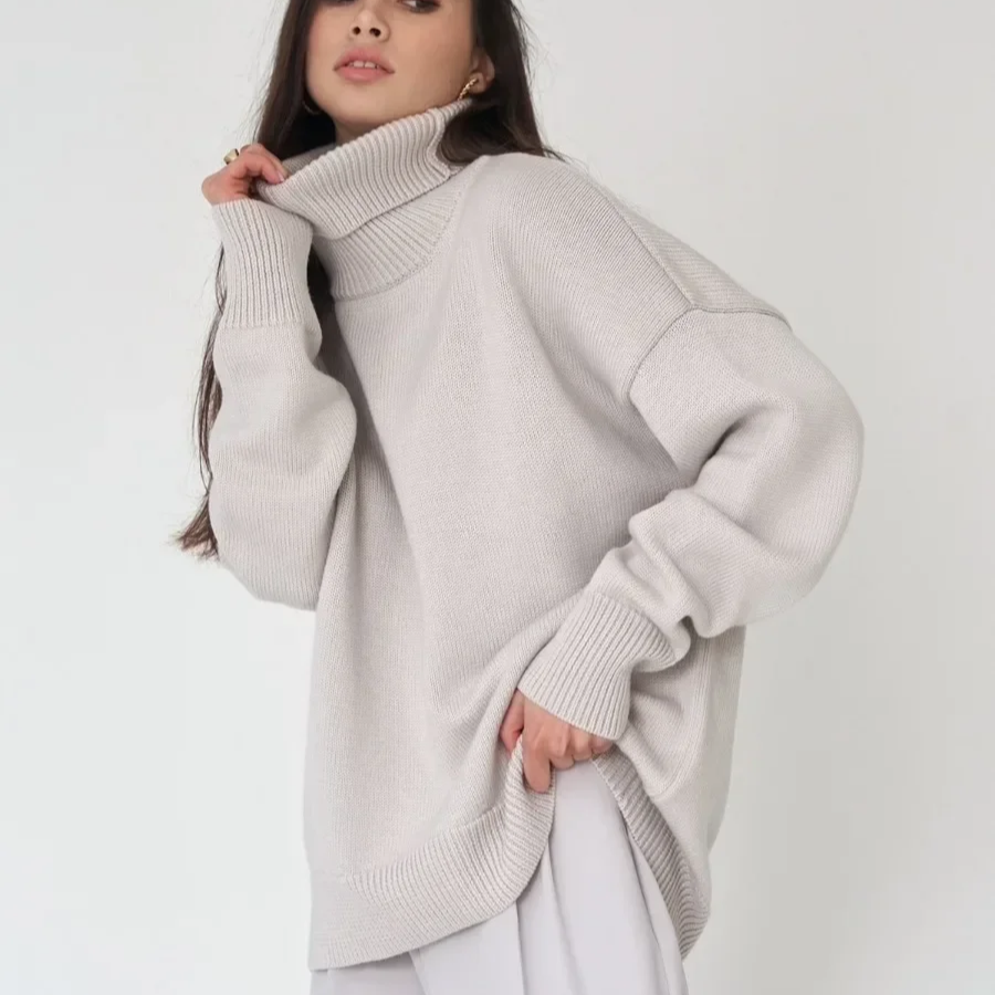Women's Oversized Turtleneck Sweater – Thick Knit Casual Pullover for Autumn Winter