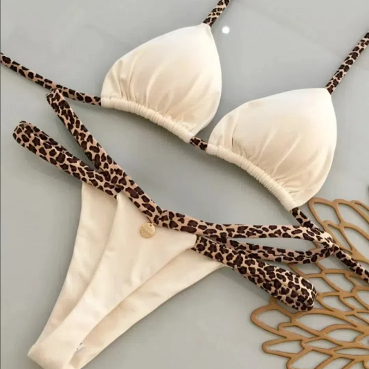 Sexy Printed Bikini Set for Women – Two-Piece Wire-Free Swimsuit with Leopard Print, Ideal for Beach Holidays and Summer Getaways